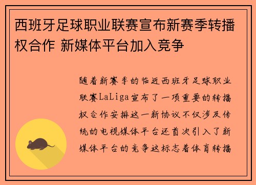 西班牙足球职业联赛宣布新赛季转播权合作 新媒体平台加入竞争